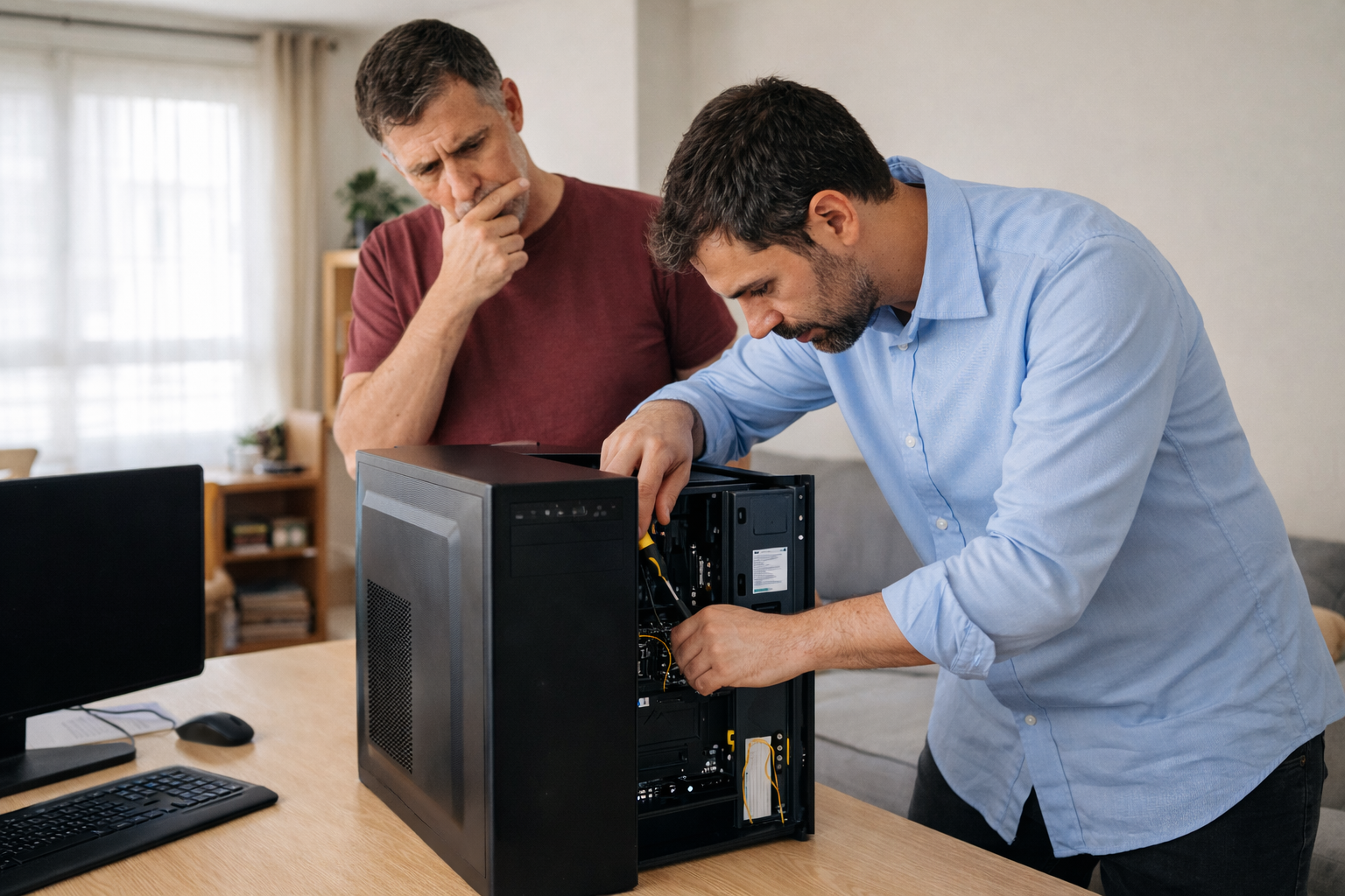 Técnico informático revisando un ordenador en el domicilio del cliente