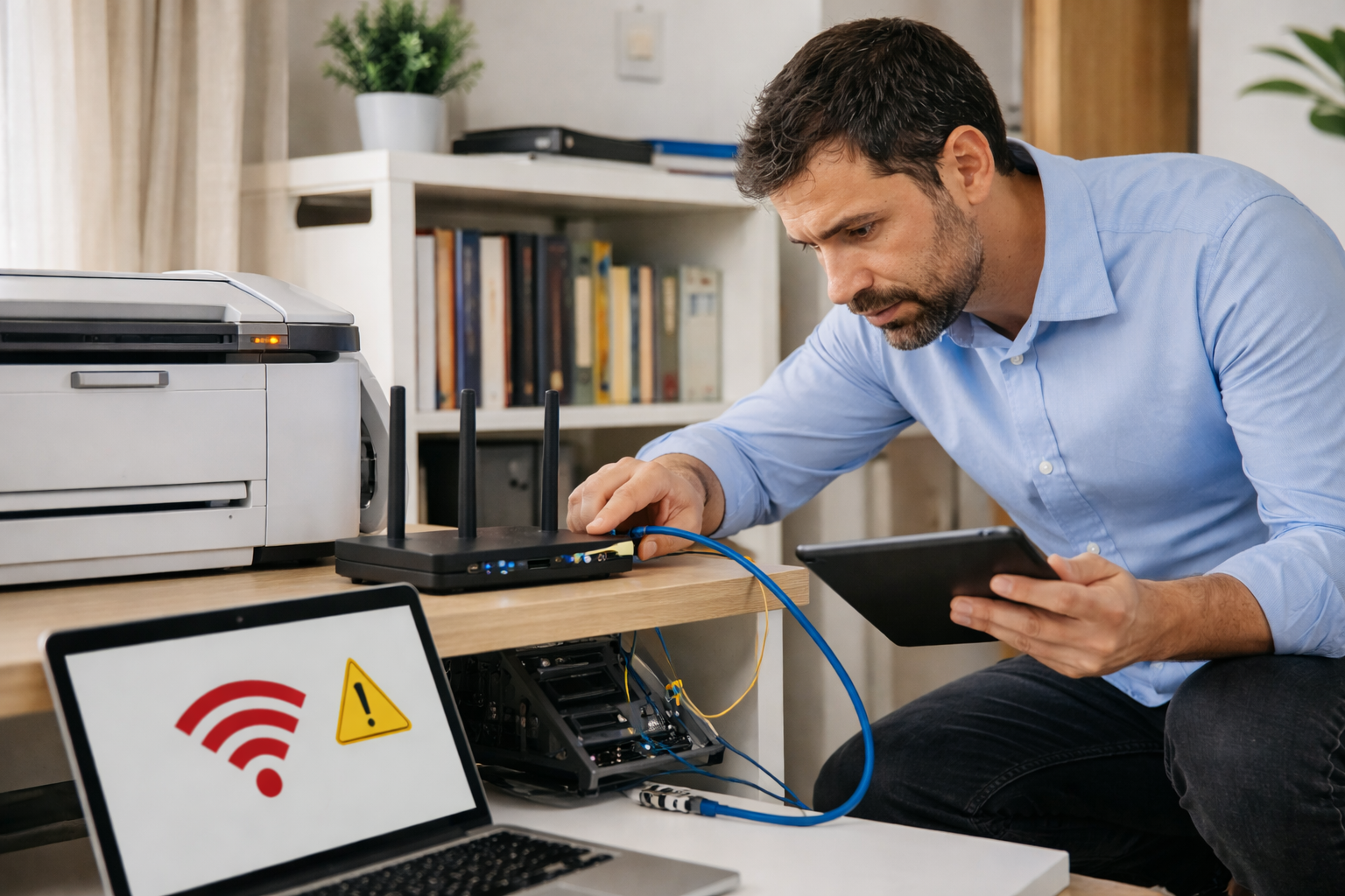 Técnico informático revisando problemas de red, Wi-Fi e impresora en un domicilio