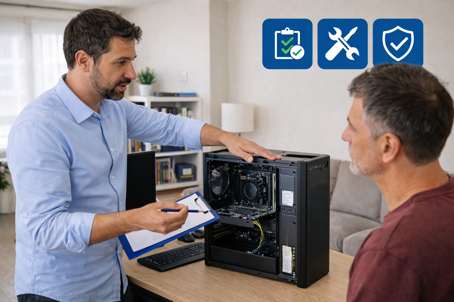 Técnico informático realizando puesta a punto de ordenador en domicilio en Almería