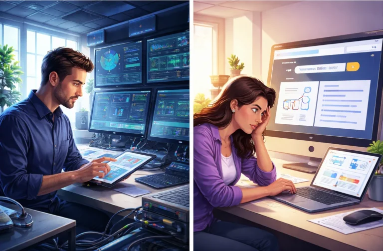 Consultor TIC analizando sistemas y datos antes de proponer soluciones técnicas