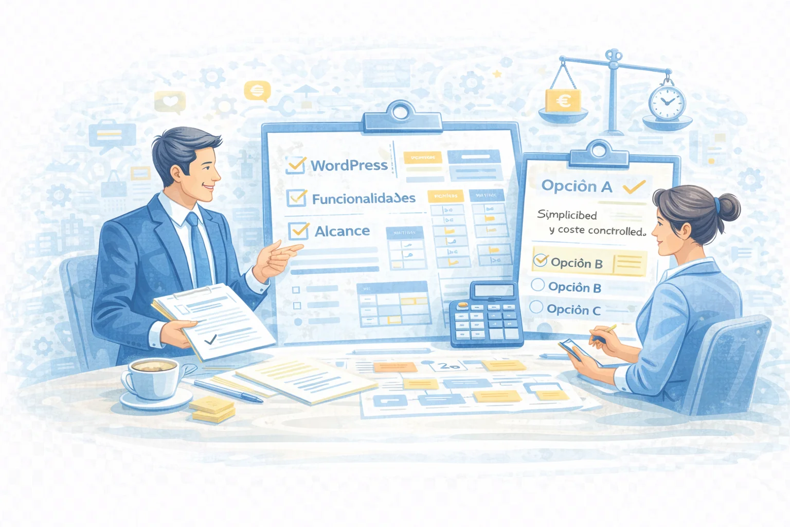 Presentación de propuesta clara para desarrollo web WordPress con funcionalidades, alcance y planificación definidos