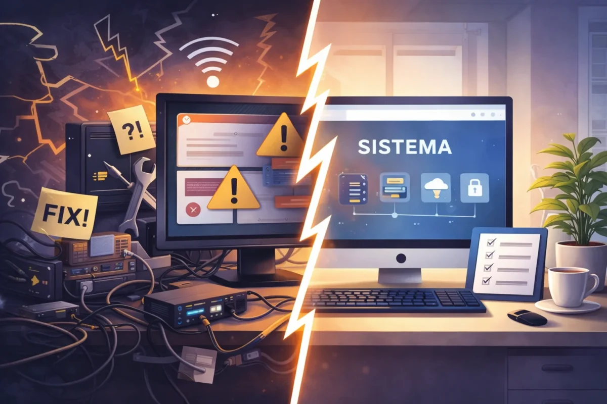 Comparación entre un sistema informático desordenado con parches y un sistema organizado y estable