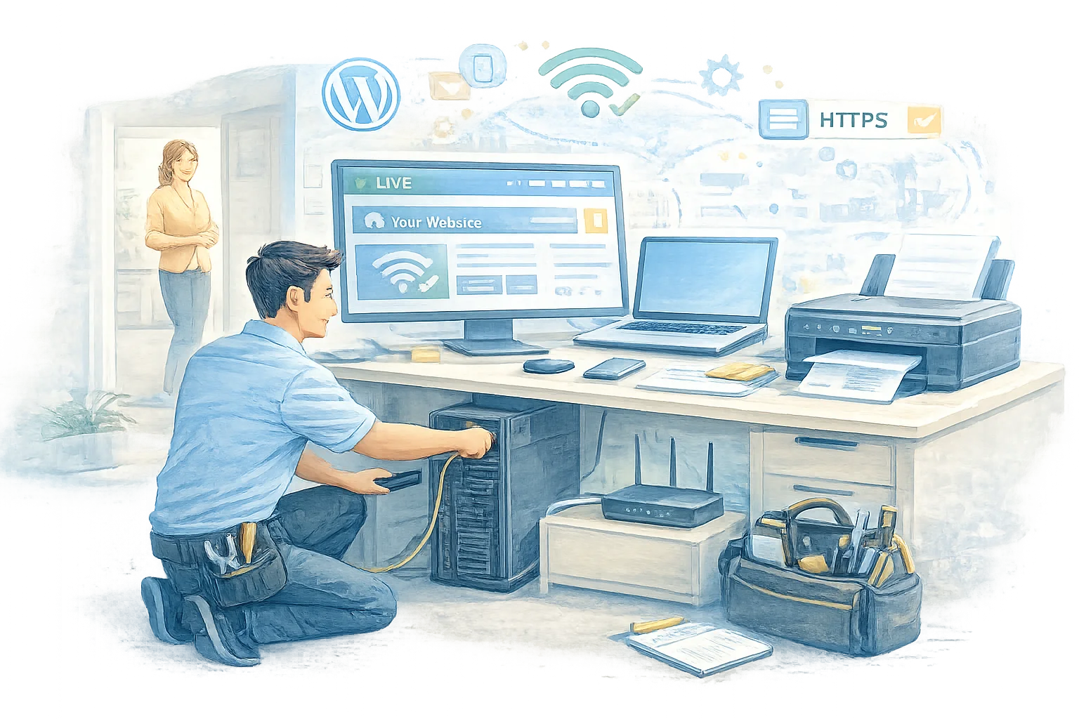 Técnico informático realizando soporte técnico a domicilio en Almería con revisión de equipos, impresora y red WiFi