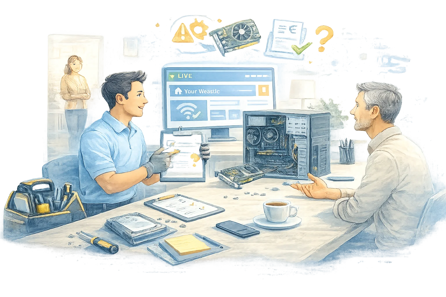 Técnico informático explicando presupuesto y sustitución de piezas en reparación informática a domicilio en Almería