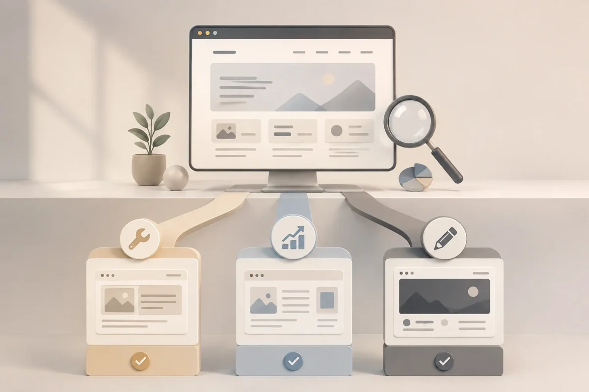Interfaz web con tres caminos de decisión para mantener, mejorar o rediseñar una web existente